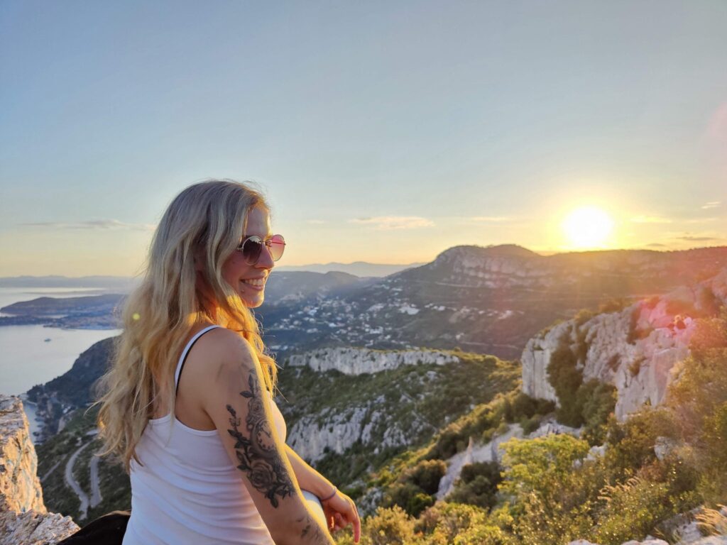 Janet looks out over the coast near Cap-d'Ail in the evening.