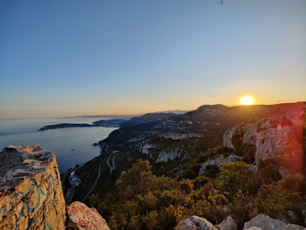 Sunset over rocks and the Mediterranean Sea at Cap-d'Ail