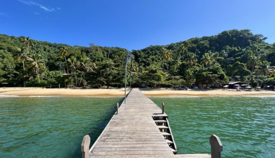 Wooden walkway to a sandy beach with palm trees on Ilha Grande